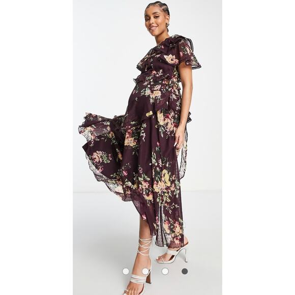 NEW Asos Design Maternity Drape Midi Dress Purple Berry Print Womens Maternity 6 - Picture 10 of 10